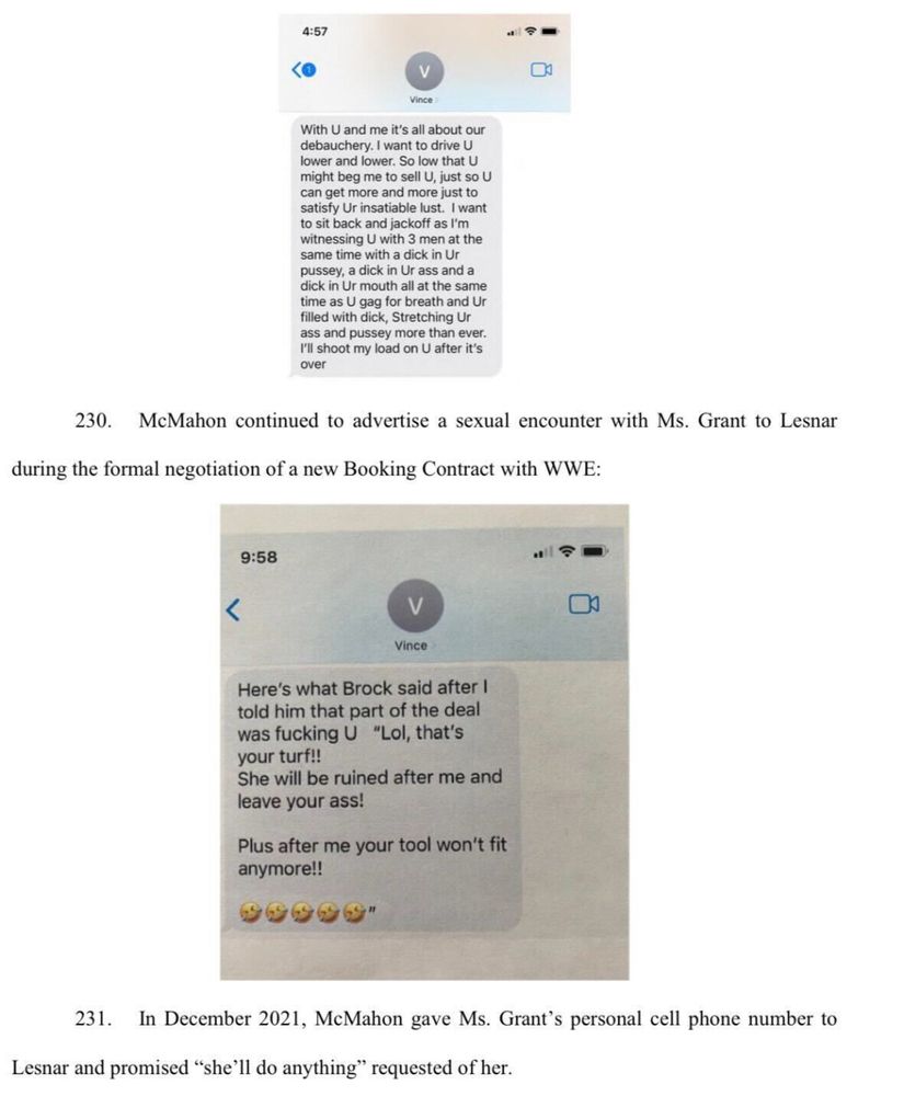 A screenshot from Janel Grant’s lawsuit that includes texts messages from Vince McMahon where he says he gave Brock Lesnar her number. 