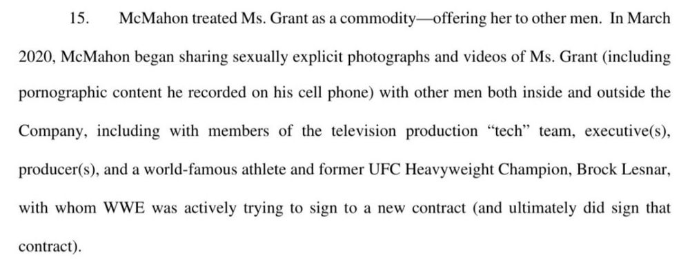 Screenshot from Janel Grant’s lawsuit that alleges Vince McMahon offered her to Brock Lesnar in an attempt to get him to sign a new contract. 