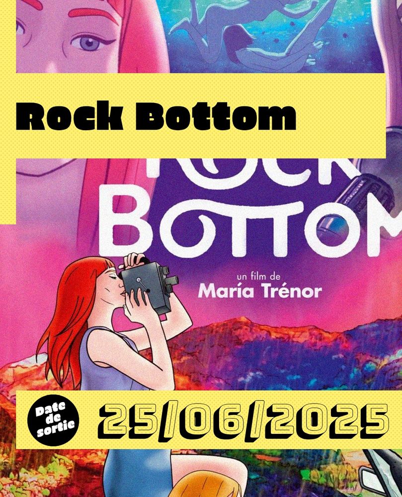 Affiche de Rock Bottom, une femme aux cheveux rouges film avec une caméra, en fond la montagne, ambiance colorée rose et bleu
Sortie le 25 juin 2025
