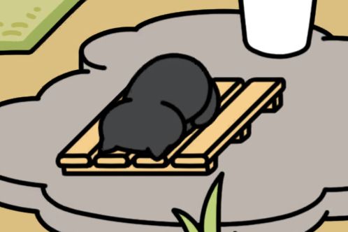 ねこあつめ2のスクショ。くろねこさんがごめん寝をしている。