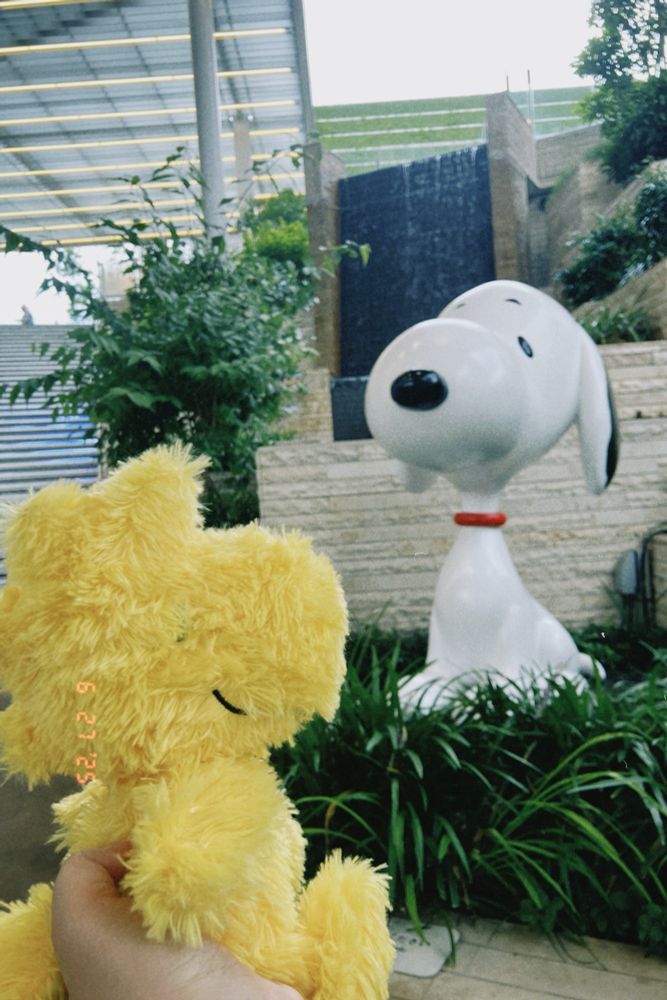 スヌーピーのオブジェとウッドストックのぬいぐるみの写真