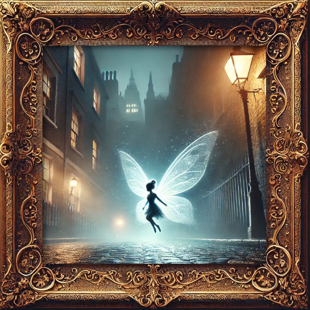 A picture of a fairy in the streets of London 
