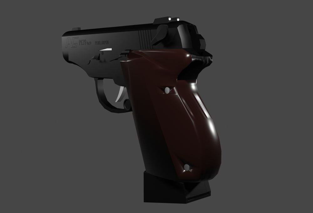 The model in blender with color materials and such. 
The bakelite grip has a second pin, and is now one whole piece instead of two grip panels.
Blender wasn't happy with me adjusting the geometry. The little indents on those pins weren't actually "there." Weird shader thing.