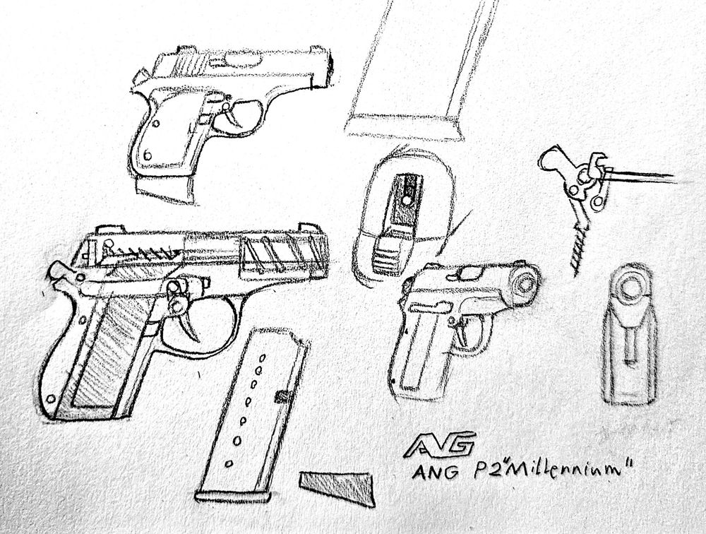 Concept sketches and doodles of a handgun.
The P2 "Millennium" by ANG (which stands for the company's founders' surnames: Aart, Neumann, and Garcia.) Haven't figured out a year for it, but it's at least late-90s.
A single-action-only, hammer-fired semi-auto, with the version featured being the sub-compact 9mm version.