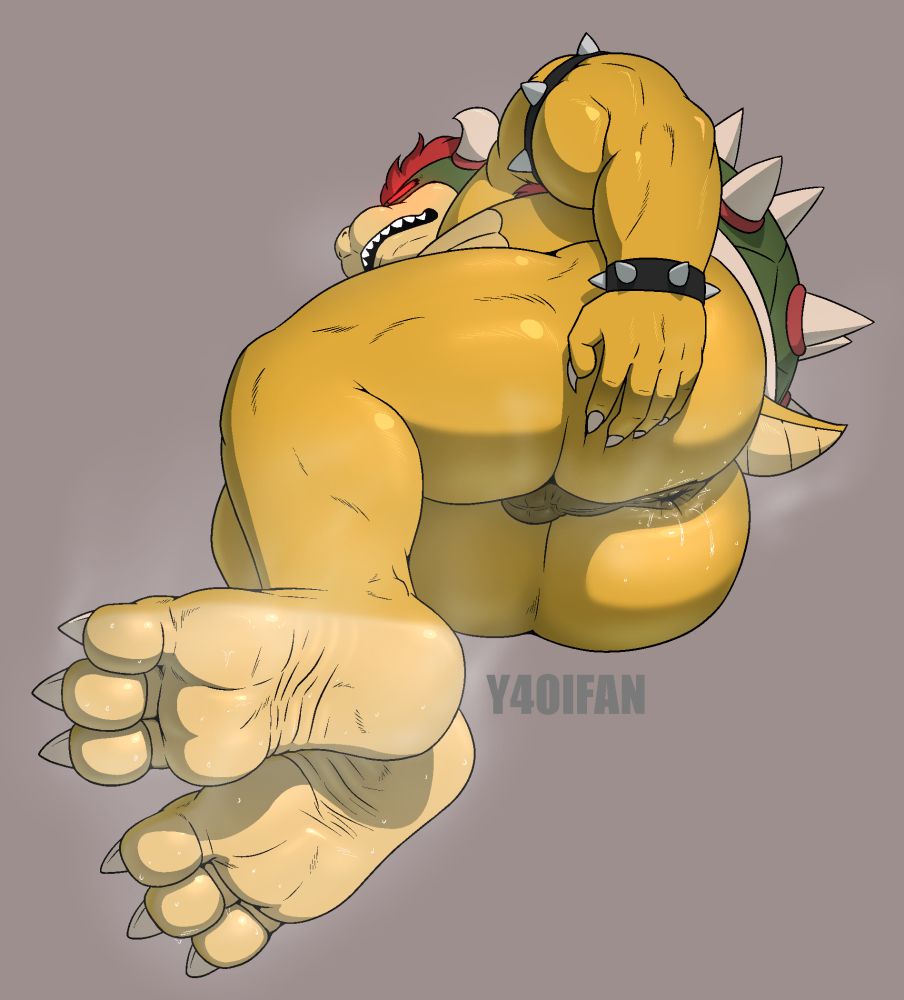 Bowser lying on his side; spreadin' buns and showin' hole. Must be airing things out. Sure seem really hot in that castle of his, what with all that steam coming off of his big, 3-toed feets.