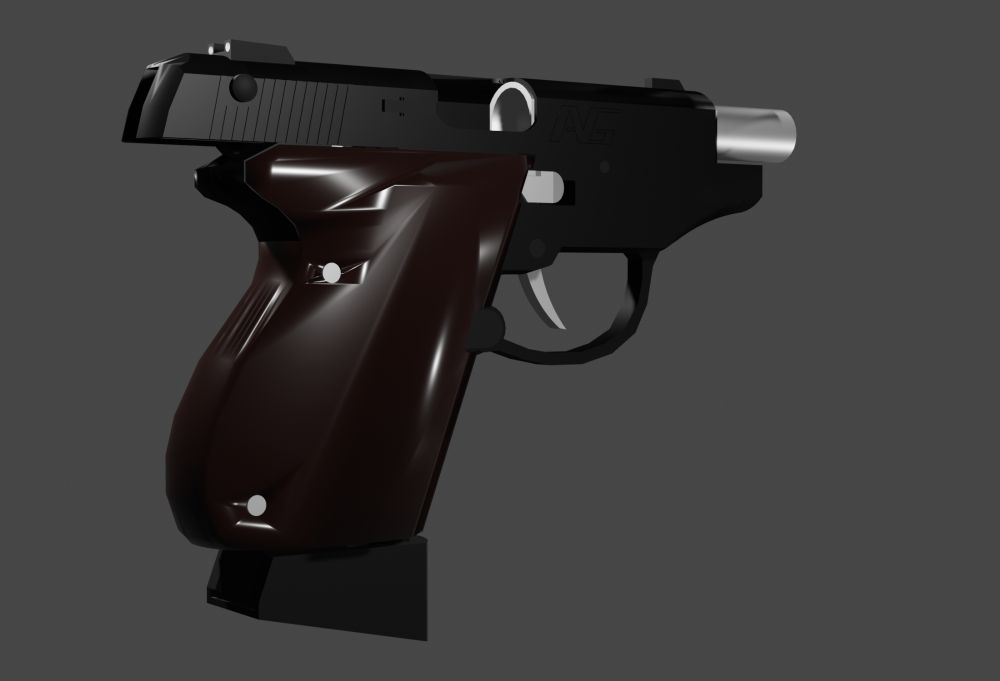 Render of the final version, slide locked back. Again, those pin holes in the grip weren't beveled at all; the shader was simply having a bad time.