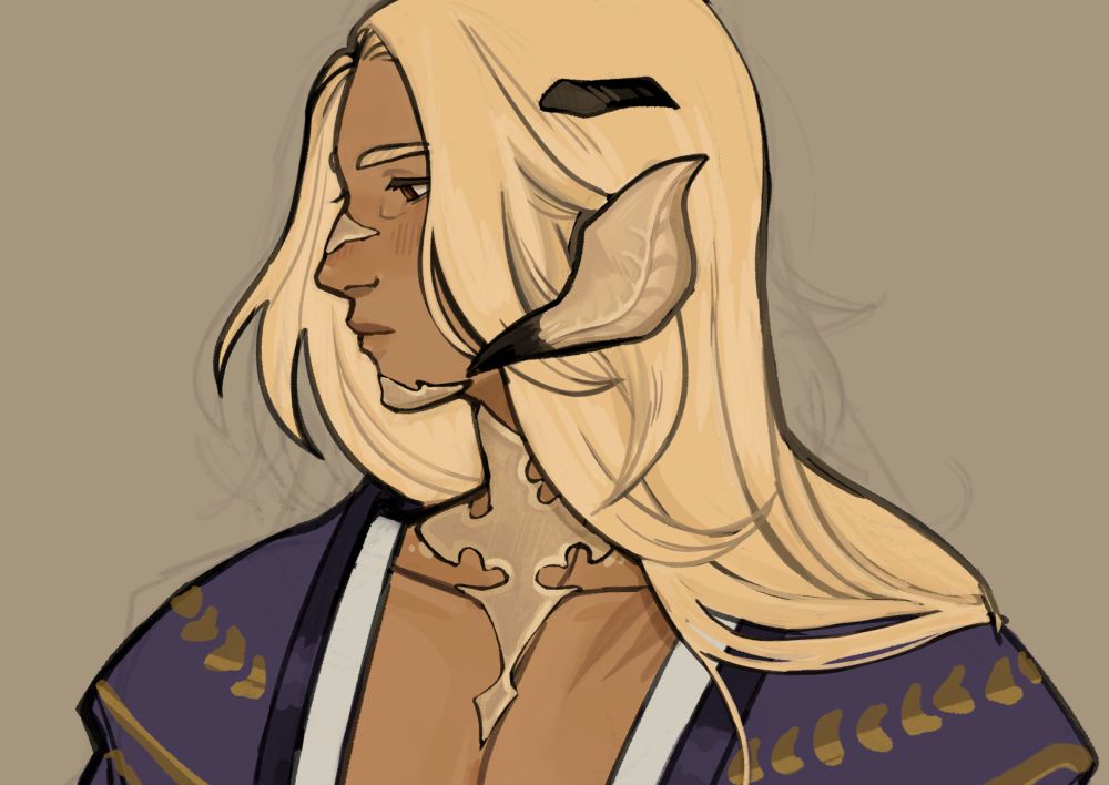 a painted sketch of a raen au ra (hiun, he/him) in warm tones. he looks away from the viewer, looking down. long, light blond hair falls over his shoulder.