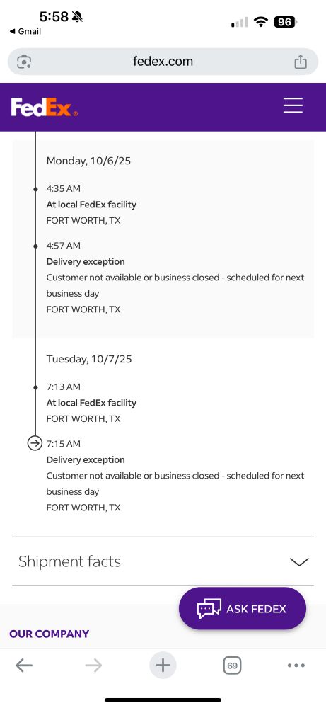 FedEx delivery updates from yesterday and today saying, “Delivery Exception: customer not available or business closed - scheduled for next business day”