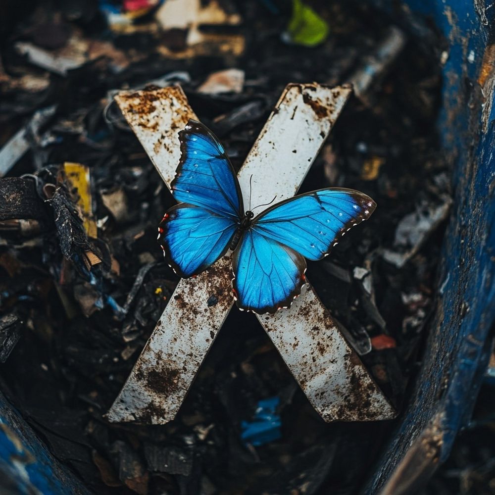Ein blauer Schmetterling sitzt auf einem verschmutzten X.