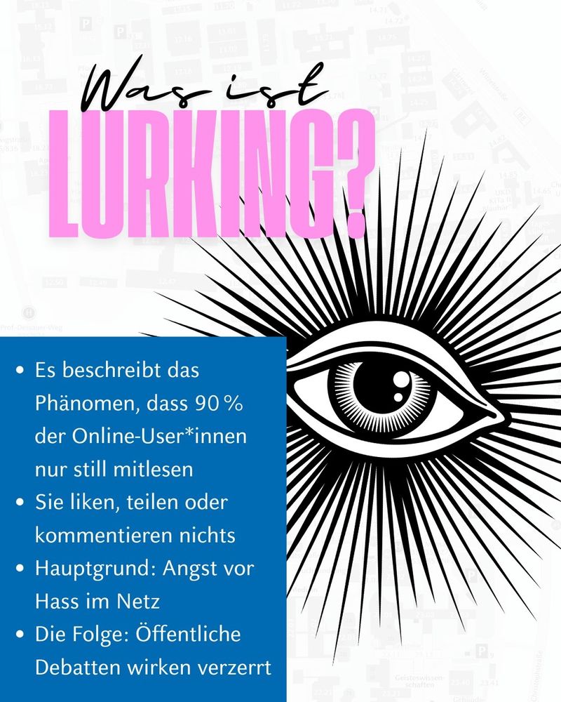 Grafik eines mit Strahlen umrandeten Auges. Text: was ist Lurking? Es beschreibt das Phänomen, dass 90% der online User:innen nur still mitlesen. Sie liken, teilen oder kommentieren nichts. Hauptgrund: Angst vor Hass im Netz. Die Folge: öffentliche Debatten wirken verzerrt.