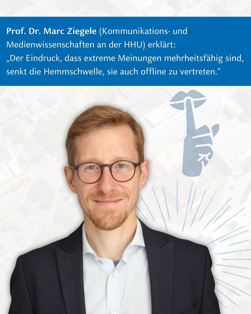 Porträt von Marc Ziegele. Text: Professor Dr Marc Ziegele (Kommunikations- und Medienwissenschaften an der HHU) erklärt: "Der Eindruck, dass extreme Meinungen mehrheitsfähig sind, senkt die Hemmschwelle, sie auch offline zu vertreten."