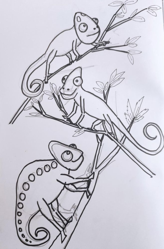 schwarz weisse comicartige darstellung von 3 Chamäleons die auf ästen laufen