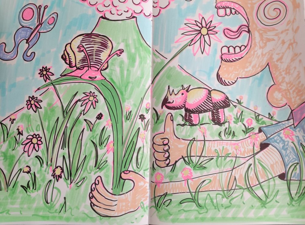 Das ganze Bild ist in sehr krizeligen strichen unsauber ausgemalt im Vordergrund sind zwei arme und der untere Teil eines Kopfes der augenscheinlich in eine Blume beißen will. Außerdem eine Blumenwiese die sich nach hinten erstreckt auf einer Blume weite vorne kriecht eine Schnecke links etwas weiter oben fliegt ein Schmetterling weiter hinten auf dem Bild steht ein Nashorn ganz hinten im Bild ist ein Vulkan zu sehen die Farben sind pastellig gehalten die haut Pastell orange die Wiese Pastell grün die der Himmel Pastell blau auf dem ganzen Bild sind Akzente mit neon pink gesetzt