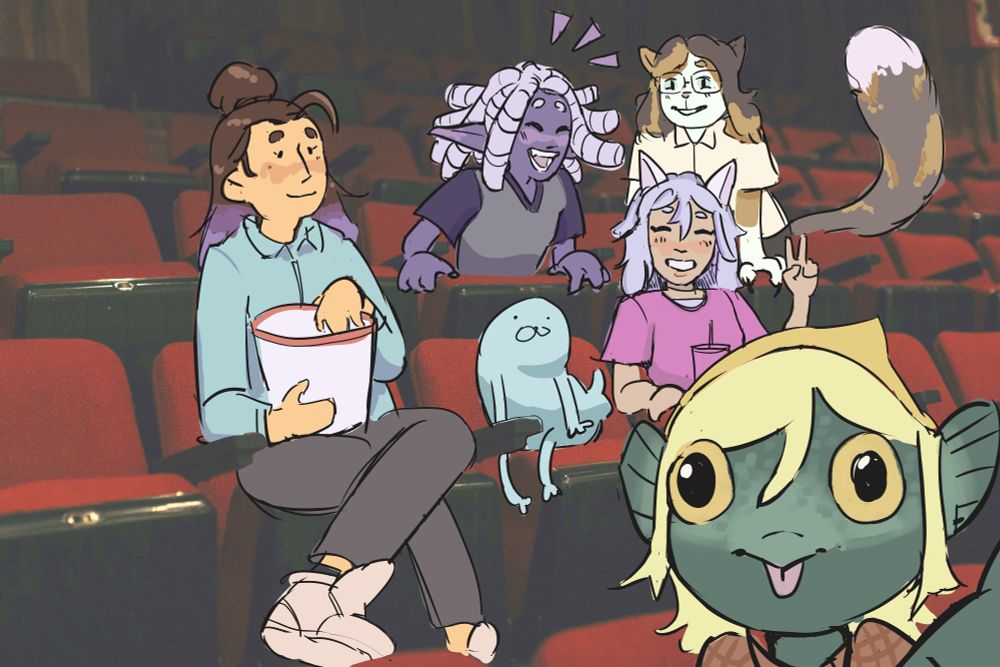 Self-insert characters from the Seadog Animation team sit in a movie theatre together.