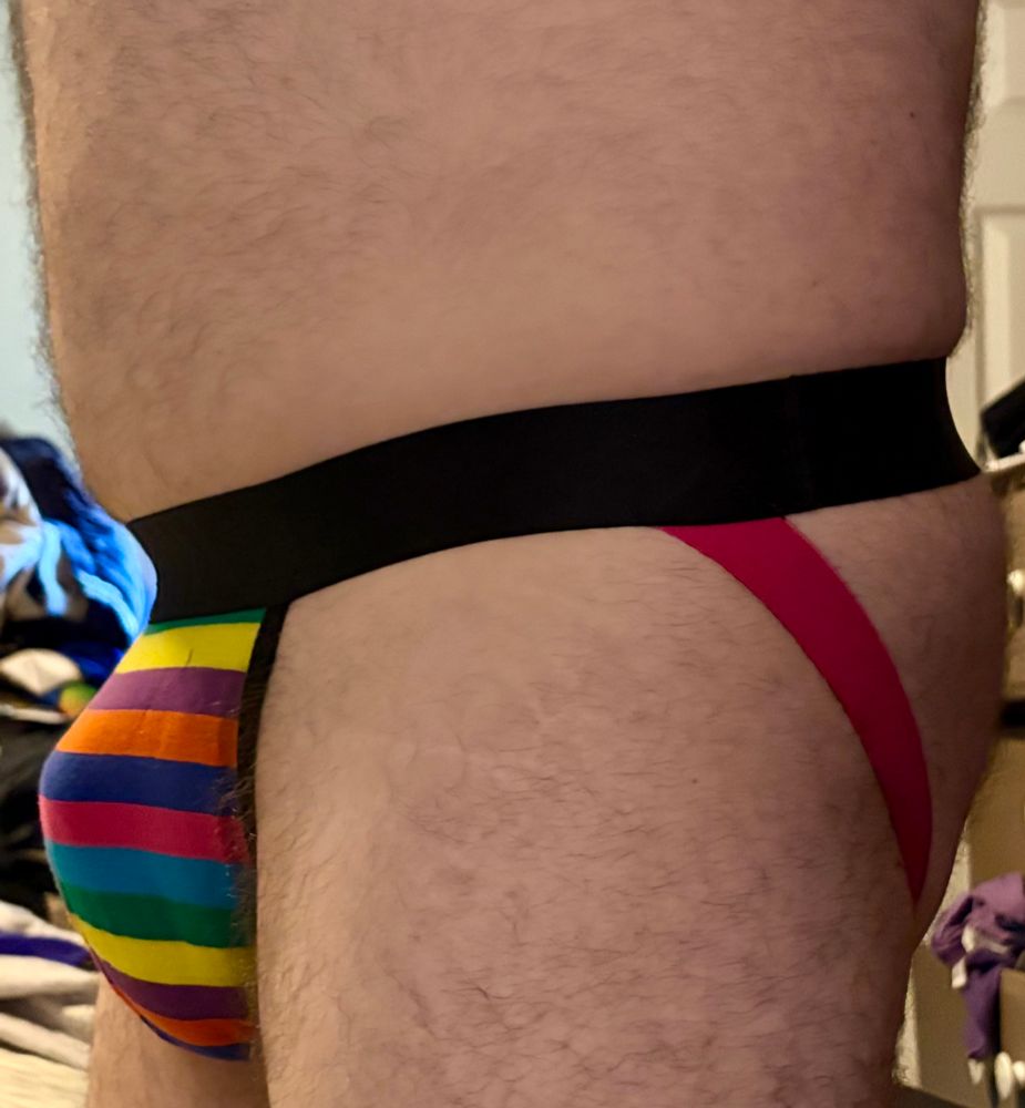 A picture from belly to upper thigh. A profile pose of hairy man showing the bulge of his jockstrap. The waistband is black, the pouch is multi color horizontal stripes, and the back strap is pink.