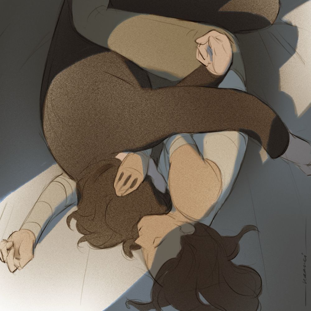 Drawin of Rey and Ben sleeping in each other's arms. composition is upside down. light shines on them through a perhaps open door.