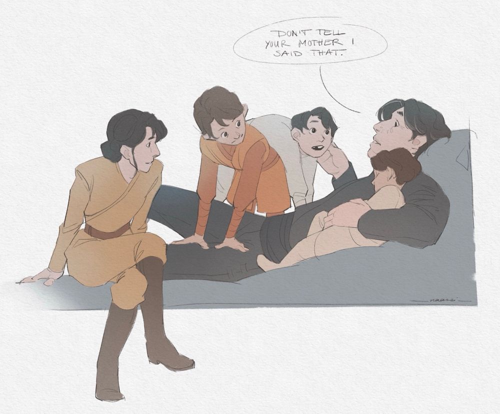flat coloured drawing of Ben and his 4 kids that is now my headcanon for the Solo family. he tells them "Don't tell your mother I said that." the kids are all over him while he's lying on the bed. oldest daughter sitting attentively, younger brother letting the youngest twin hang goofily over his back white the girl twin is asleep in Ben's arms. overall: wholesomeness everywhere you look.