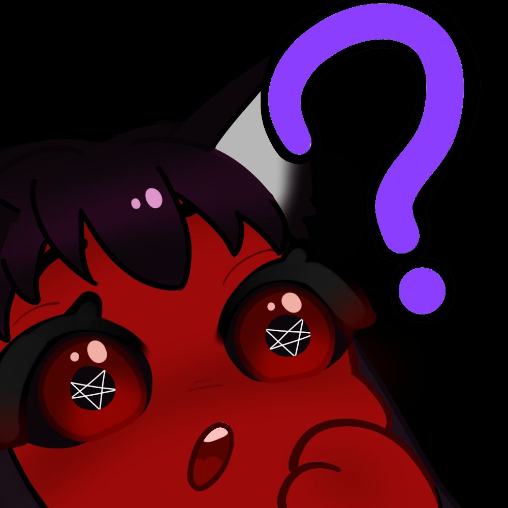 red skinned demon looking at a question mark