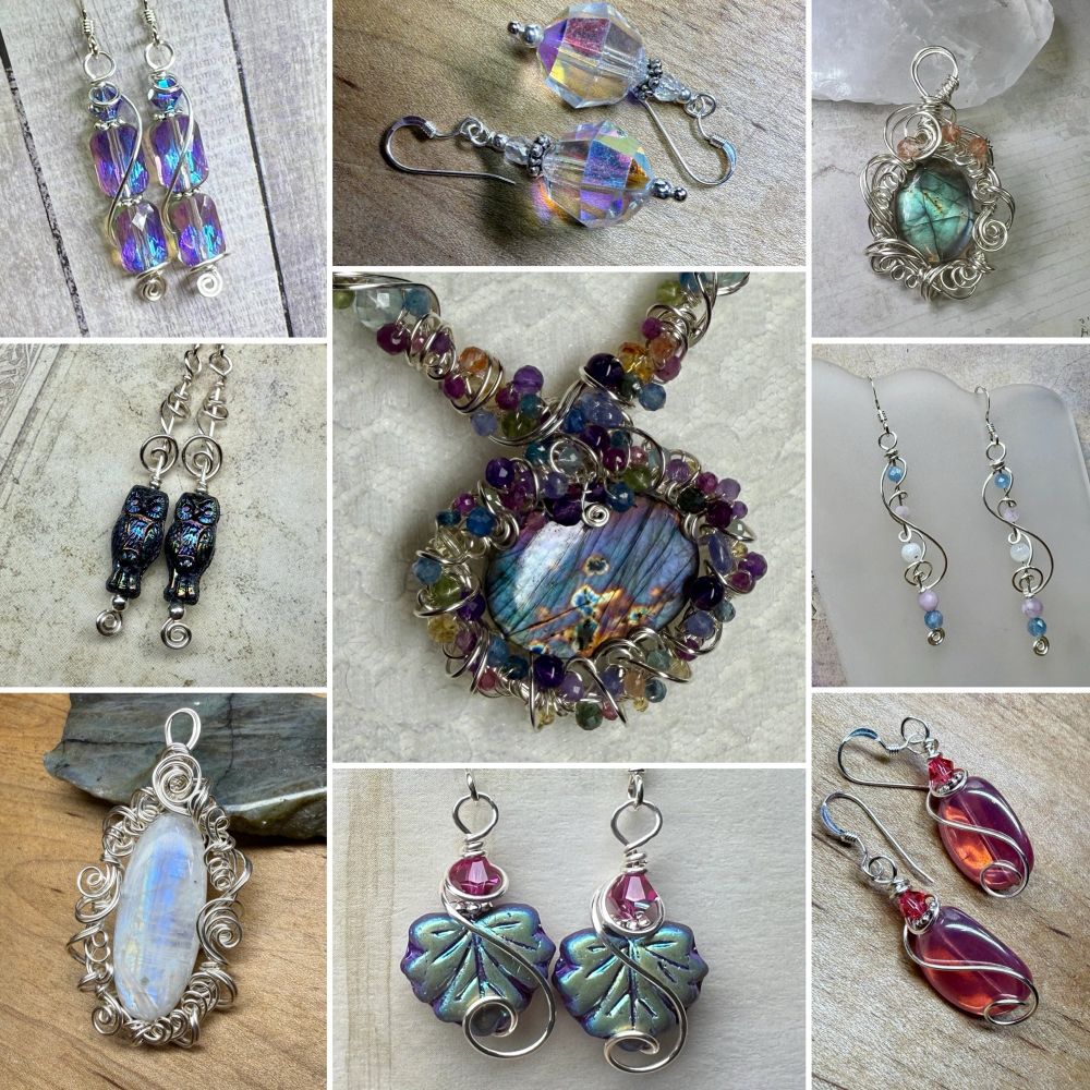 A collage of nine photos of jewelry made from gemstones or glass and swirling silver wire. In the center is an incredibly elaborate necklace made from a purple labradorite cabochon and densely clustered tiny gemstones. 

Then going clockwise from the upper left there is a pair of earrings made from rectangular shimmery blue-purple glass beads, a pair of earrings made from extremely sparkly vintage crystal, a small labradorite pendant with green flash and orange accents, long dangly earrings made from tiny gemstones in the colors of the trans pride flag, earrings made from triangular pink glass beads that seem to glow from within, earrings made from shimmery blue-purple glass leaves, a large pendant with a huge oval rainbow moonstone cabochon, and a pair of earrings with oilslick-purple glass owls. 