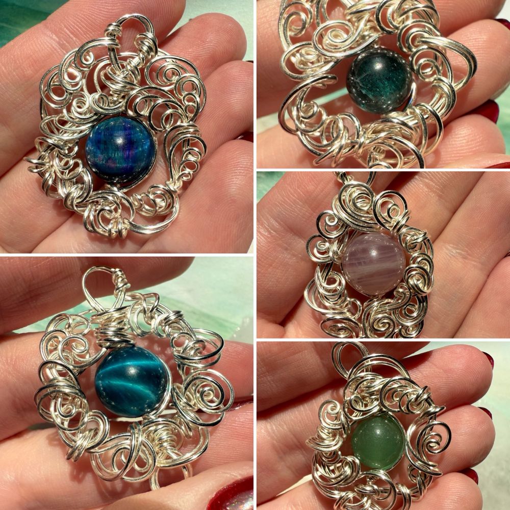 A collage of five photos of pendants made from round gemstones and swirly silver wire, all held in a woman’s hand. The stones are green kyanite (deep greenish-teal), rose quartz (pink), aventurine (light green) and two variants of dyed tigerseye (one teal, one deep blue with purple and green).