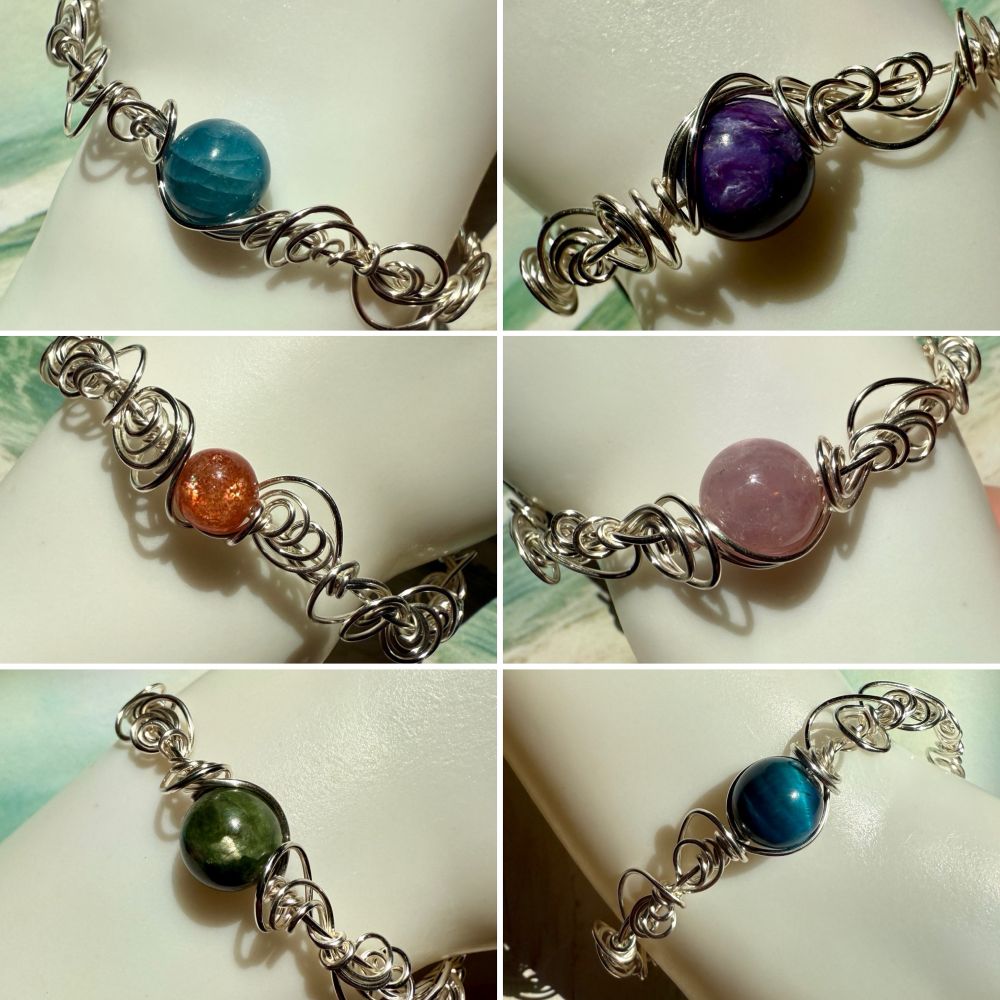 A collage of six photos of bracelets made from round gemstone beads and silver wire, shown on a plastic mannequin arm. The stones are apatite (teal), charoite (purple), sunstone (orange), rose quartz (pink), chrome diopside (green) and dyed tigerseye (teal).