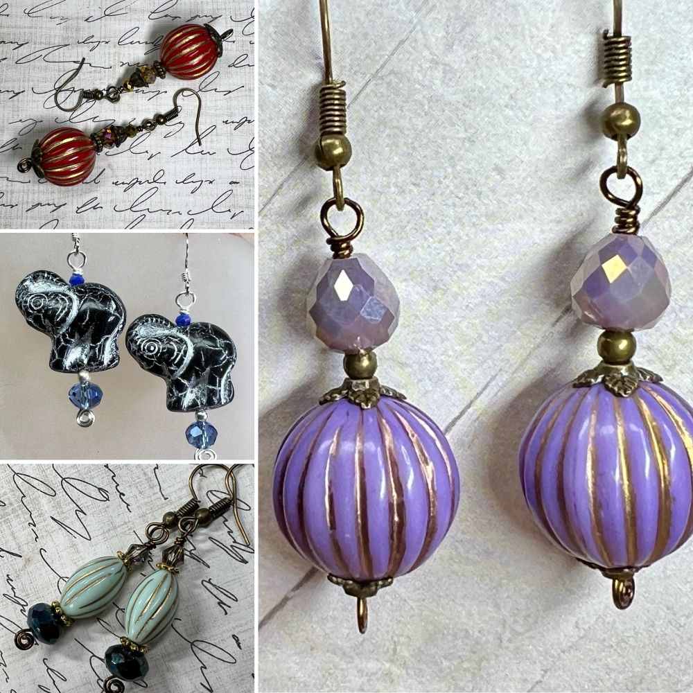 A collage of photos of four pairs of earrings. Three of the pairs feature vintage aceylic beads with gold stripes (in red, purple, and seafoam green) and the fourth has black and silver elephants. 