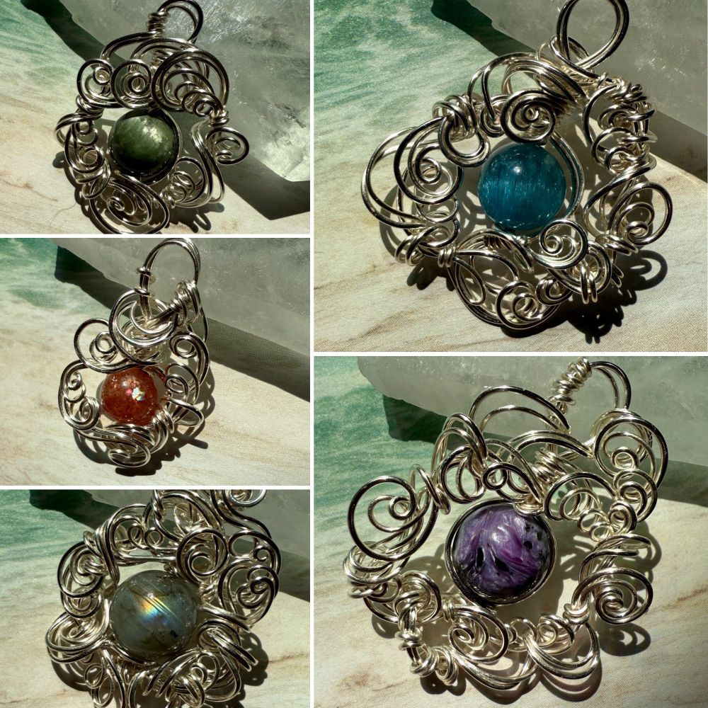 A collage of five photos of pendants made from round gemstone beads and swirly silver wire. The stones are chrome diopside (green), apatite (teal), sunstone (orange), labradorite (grey-green with rainbow flash), and charoite (purple swirled with black).  