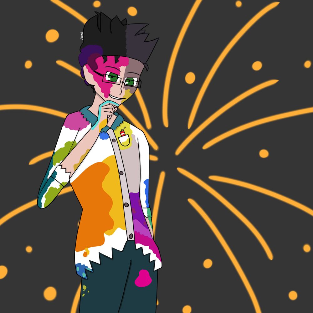 Hermit-A-Day May 2025 for May 11th. Fanart of Cubfan135 in his lab coat exploded with dyes and gunpowder from his fireworks. His face and hair is also covered in dyes and gunpowder. The background is an off-black with an orange firework.