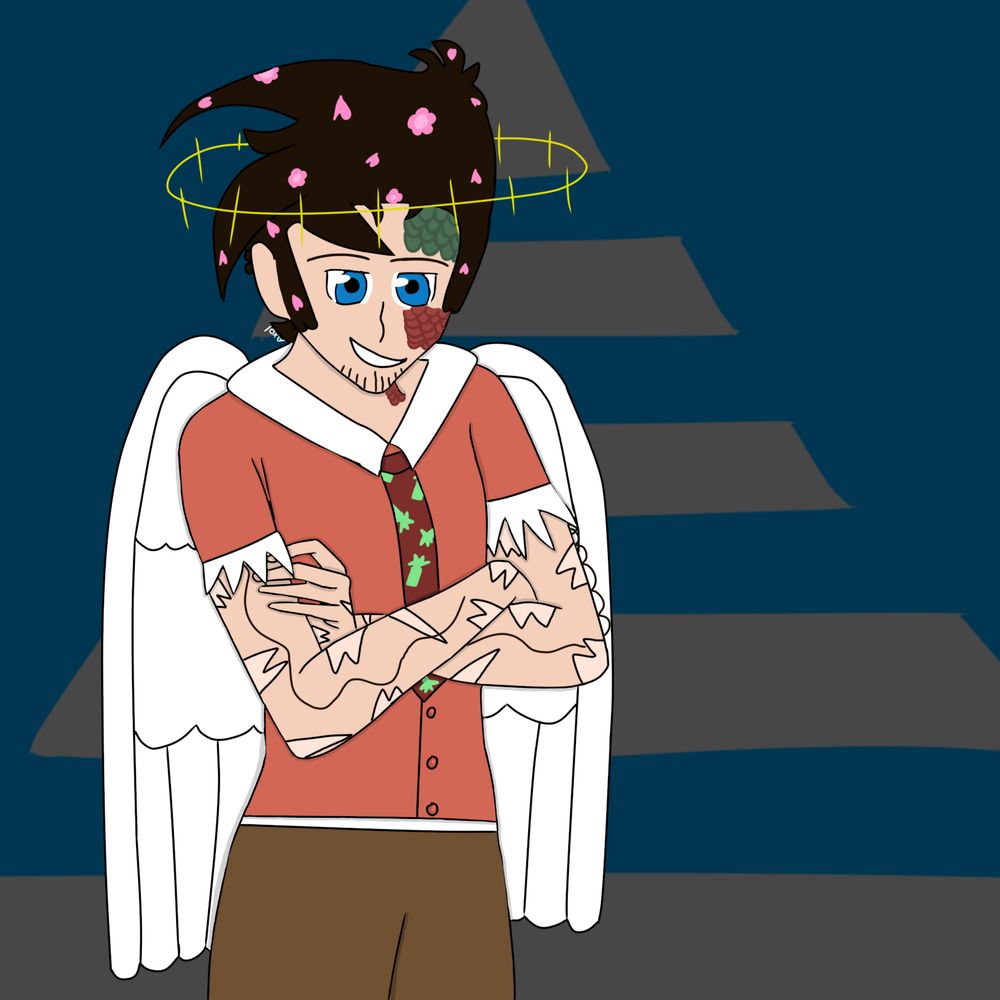 Hermit-A-Day May 2025 for May 29th. Fanart of Skizzleman in a new suit inspired by mangrove trees, which includes an orange suit with ripped sleeves, brown pants, and a dark red tie with propagules. Salmon scales cover the top left of his head, his left cheeks, and the left side of his neck. His hair is covered in cherry blossom flowers and petals. The background is a dark blue with his pyramid.