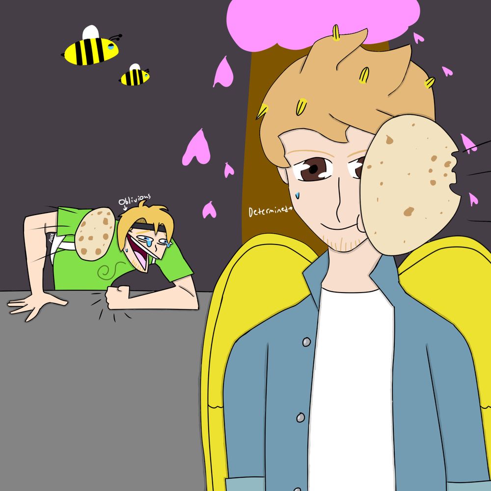 Hermit-A-Day May 2025 for May 28th - Friends of Hermitcraft. Fanart of Jimmy and Martyn at the Gamers Outreach charity even this year. Jimmy is ready to be slapped by a tortilla while Martyn is laughing hysterically in the background as the wheezing meme, who is oblivious he is about to be smacked by a tortilla as well. The background is a gray desk Martyn is hitting with his fits of laughter and dark gray walls with a man’s bee and her baby and a cherry blossom tree with cherry blossom petals falling. 