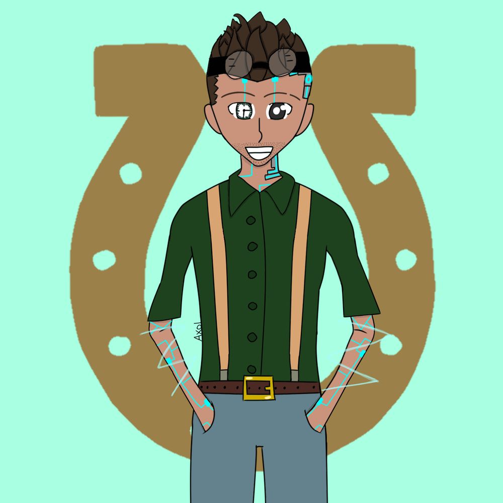 Hermit-A-Day May 2025 for May 7th. Fanart of BdoubleO100 in a mix between cyberpunk and living in a cottage look. This includes a green buttoned shirt, brown suspenders, a belt with a gold buckle, and blue jeans. Metal parts in his face and neck with light blue light, light blue markings on his face, neck, and arms, and a clock replaced his right eye. He is also producing light blue electricity and has goggles on his head that makes his eyes comically larger. The background is a mint green with a bronze horseshoe. 