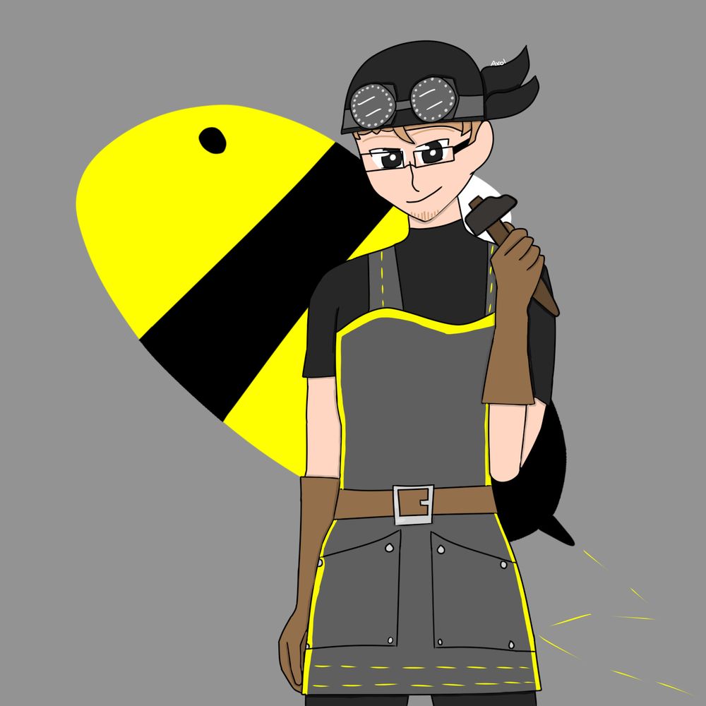 Hermit-A-Day May 2025 for May 8th. Fanart of hypnotizd in a blacksmith outfit, which includes black shirt and pants, a gray and yellow apron, a bit, and brown leather gloves. He holds a hammer and is wearing goggles on top of his head. The background is light gray with a bee. 