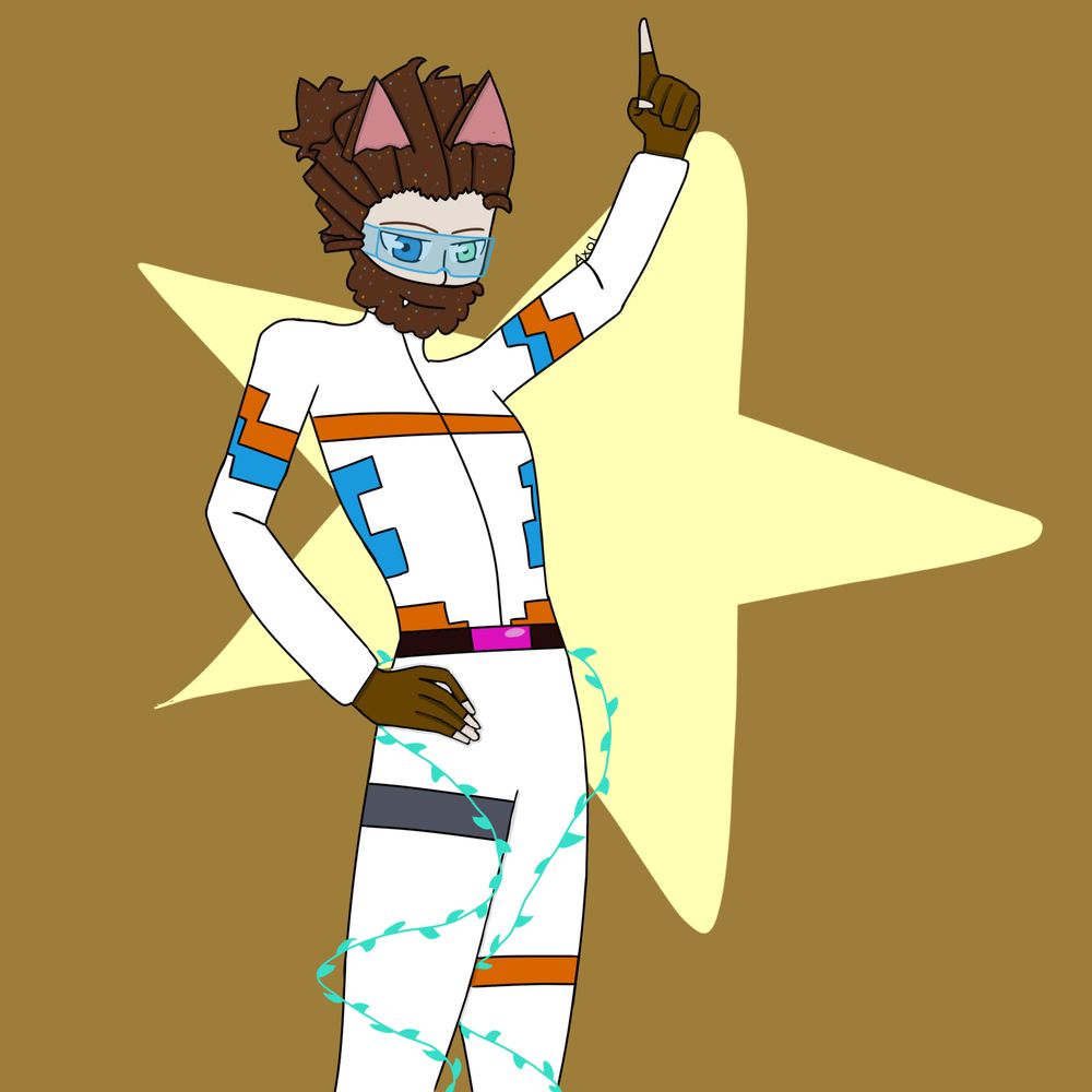 Hermit-A-Day May 2025 for May 17th. Fanart of Rendog in his GigaCorp space suit. Strange vibes are wrapped around his leg, spores and strange pollen are in his hair and beard, one eye turned a light green, and his skin became slightly grayer. Background is light brown with a pale yellow star.