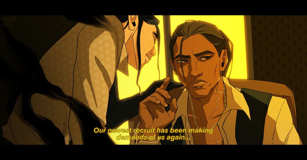 Movie still redraw of The Godfather, characters replaced with OCs Rafe on the left and Grim on the right. They are backlit by a bright yellow light in an otherwise dark room, Rafe leaning down to whisper in Grim's ear: "Our newest recruit has been making demands of us again..." Grim looks agitated, his hand raised in the air as if about to issue a command. Honk. 