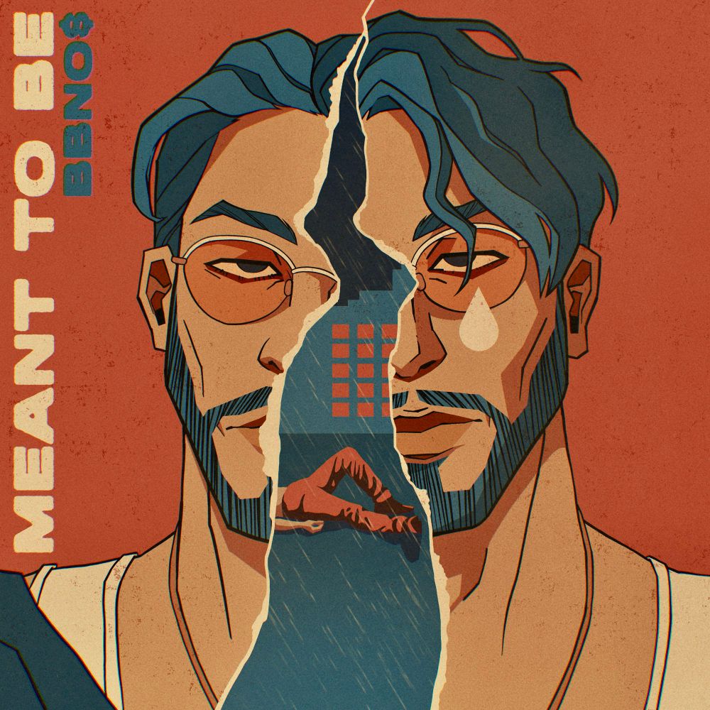 Album cover concept art for bbno$ Meant To Be. Features a bust portrait of bb himself, his face torn down the middle like a ripped photograph. The inside of the tear features him laying down on a rainy rooftop, similar to his music video. 
