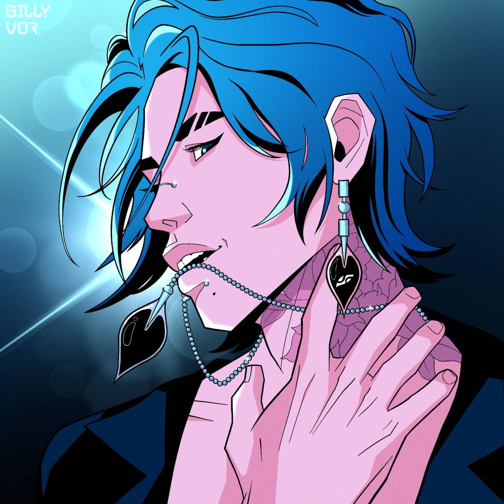Bust art of a young Asian man with blue hair smirking at the viewer, his hand reaching up towards his tattooed neck. A chained vial hangs from both his ear and his mouth, some sort of black, sentient liquid inside. He doesn't fear death, and I can respect that. 