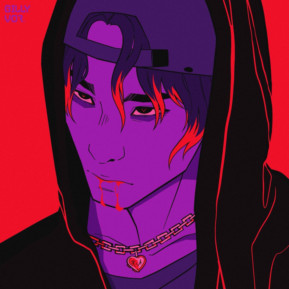 Simple bust of a vampiric man wearing a backwards cap, chained locket, and a hoodie. Blood drips from his lips. 