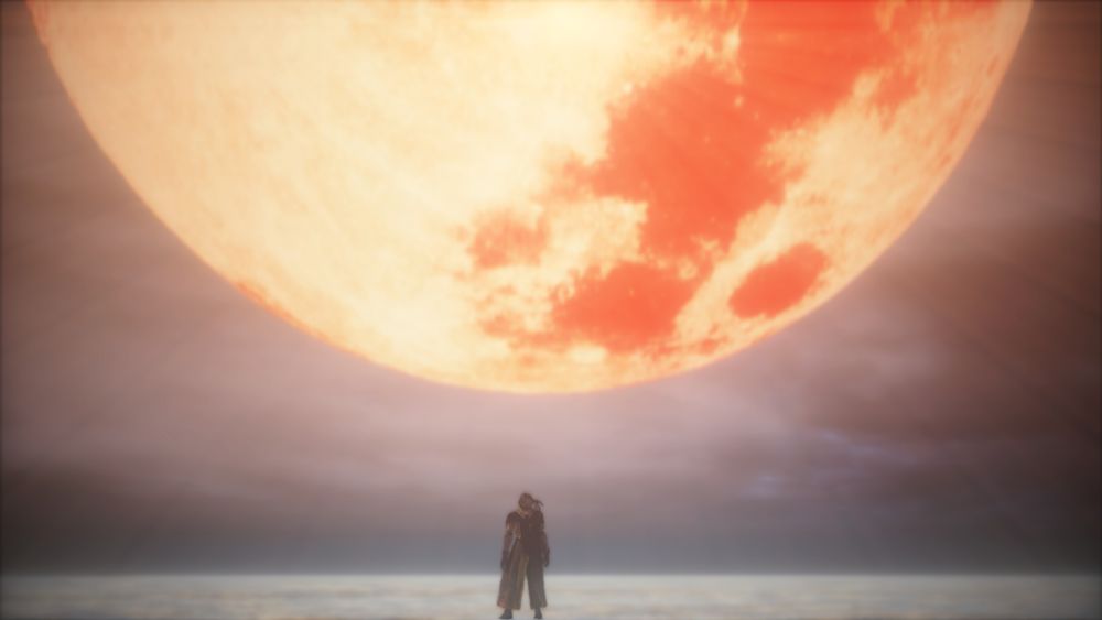 Print do jogo Bloodborne. Meu personagem está minúsculo na imagem, onde mostra apenas um lago infinito aos meus pés, com o céu escurecido ao fundo. A maior parte da imagem tem uma lua vermelha, enorme, cobrindo quase metade da tela. Meu personagem está logo abaixo, centralizado.