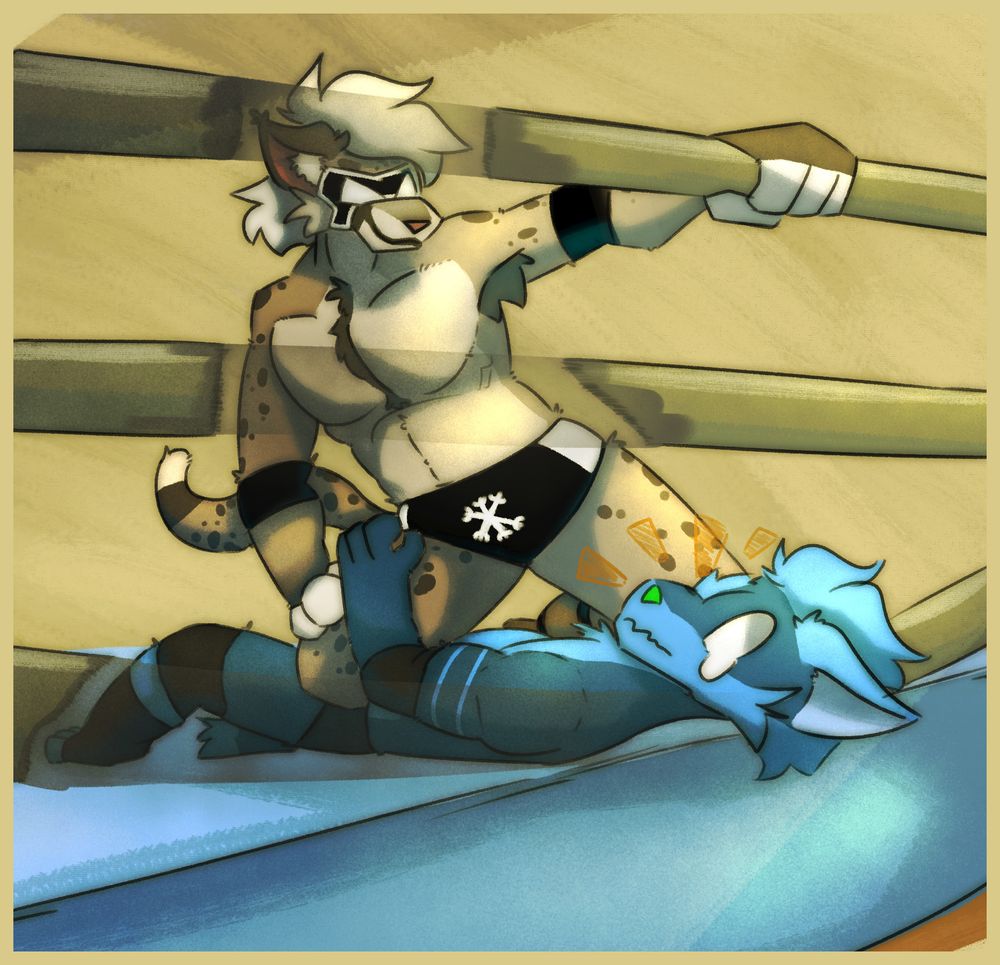 Art of Ty, an anthropomorphic Snow Leopard-Cheetah Hybrid taking on Elco, an anthropomorphic Fox with blue fur. Ty is in his Dark Frost wrestling outfit wearing a black and while mask, black trunks with a white snow flake logo, and black elbow pads. They are in a wrestling ring, and Ty is pressing a knee against Elco's neck to illegally choke him against the bottom rope while grabbing the top one for leverage.
