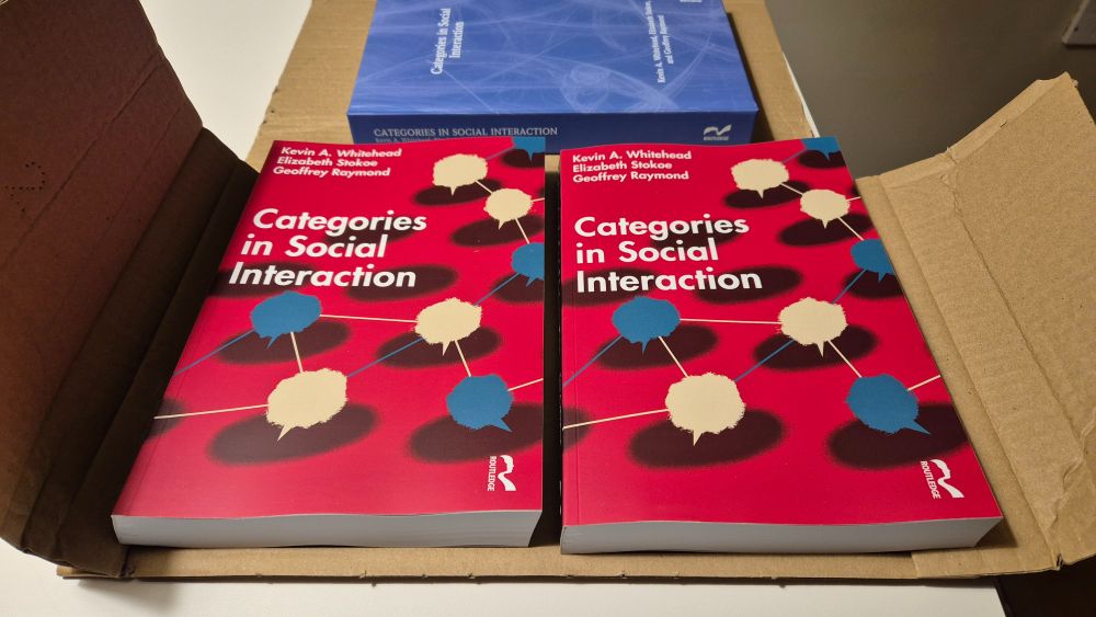 a cardboard box with three copies of the same book entitled Categories in Social Interaction - two with red covers and pale yellow and blue illustrated speech bubbles and one plain blue hardcover - cover by Paul Blow