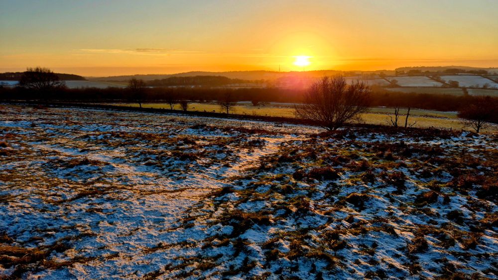 Sunset in an orange sky through snowy fields 