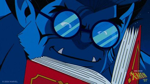 Beast from x-men reading a book taking off his glasses and jumping at the screen 