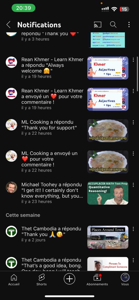 Notifications tab showing hearts to comments left under my followed youtube channels. My comments for song lyrics and languages are also deleted