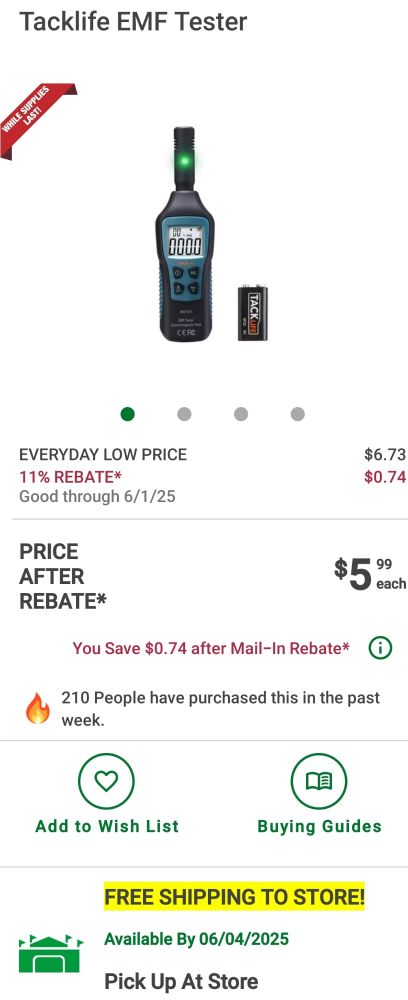 A Menards listing for an EMF reader. Listed at 6.73$ Tacklife EMF Tester 