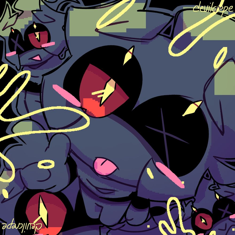 various messy drawings of cosmo doing various marshadow things