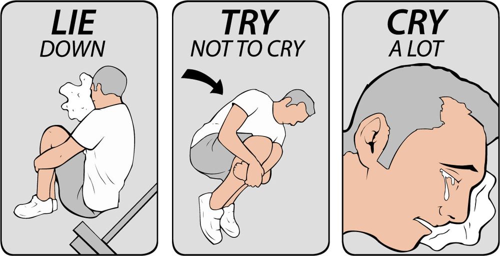 A meme showing three steps: 1. lie Down. 2. Try not to cry. 3. Cry a lot