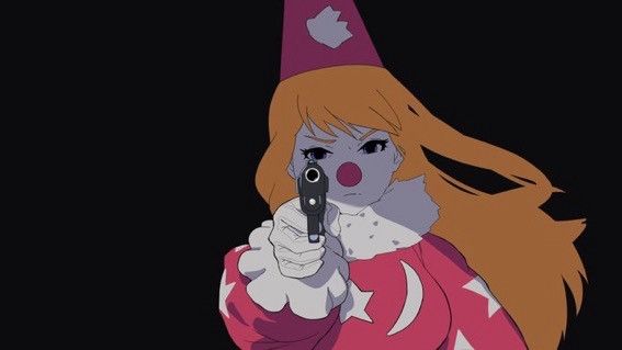 A red-haired clown in a pink clown suit aims a gun at the user viewing this meme. 