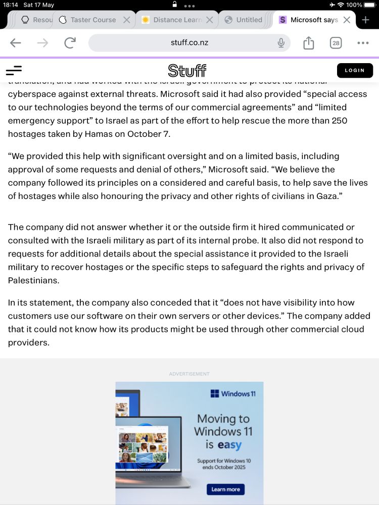 Stuff news article detailing Microsoft selling services to Israeli military with advert for Microsoft Windows 11 within the copy

