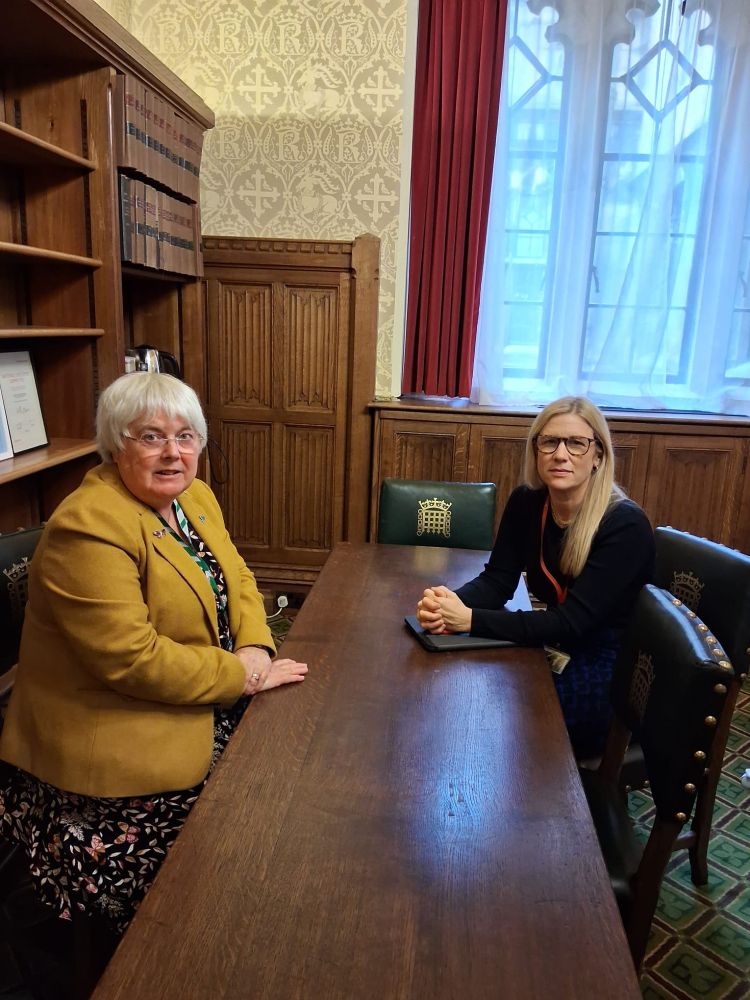 Charlotte Cane sat opposite the Solicitor General either side of a wooden table. At the end is a green leather chair back showing, with a gold portcullis logo. 