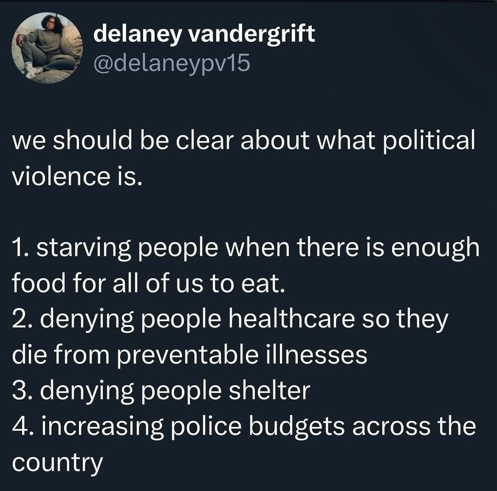 Screenshot of post by delaney vandergrift @delaneypv15 
It reads: "we should be clear about what political violence is. 
1. starving people when there is enough food for all of us to eat. 
2. denying people healthcare so they die from preventable illnesses 
3. denying people shelter 
4. increasing police budgets across the country